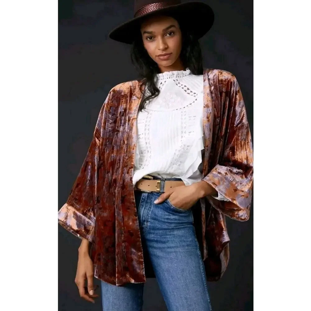 Anthropologie Esme Velvet Rust Kimono Jacket Small - Picture 2 of 11